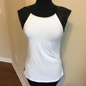White fitted tee with faux leather sleeves